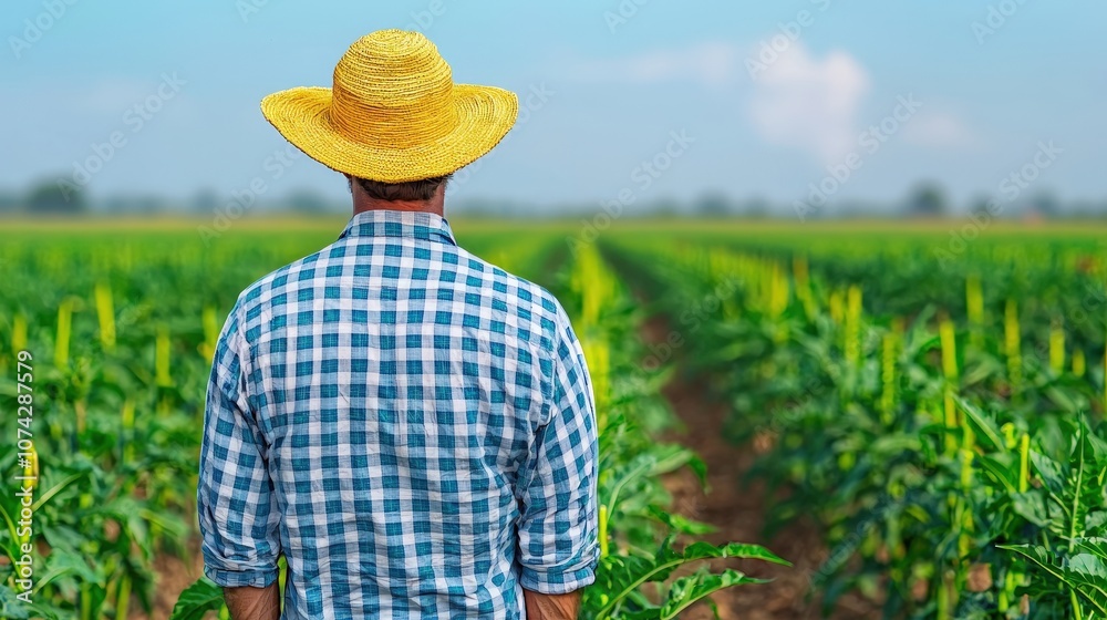 Fototapeta premium Farmer in Straw Hat Standing in a Field of Crops