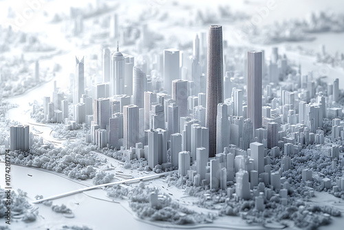 A highly detailed 3D model of a cityscape in pristine white, featuring buildings, streets, and infrastructure with intricate precision, creating a modern and minimalistic urban design without textures photo