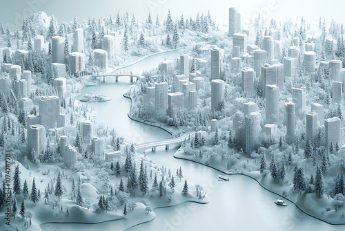 A highly detailed 3D model of a cityscape in pristine white, featuring buildings, streets, and infrastructure with intricate precision, creating a modern and minimalistic urban design without textures photo