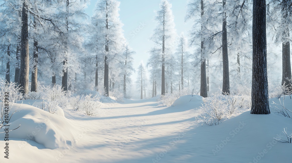 Obraz premium A Snow-Covered Path Through a Frosty Winter Forest