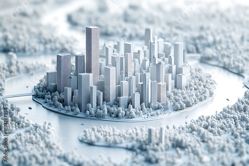 A highly detailed 3D model of a cityscape in pristine white, featuring buildings, streets, and infrastructure with intricate precision, creating a modern and minimalistic urban design without textures photo