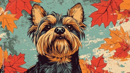 Retro coloring page of a Yorkshire Terrier surrounded by autumn leaves photo