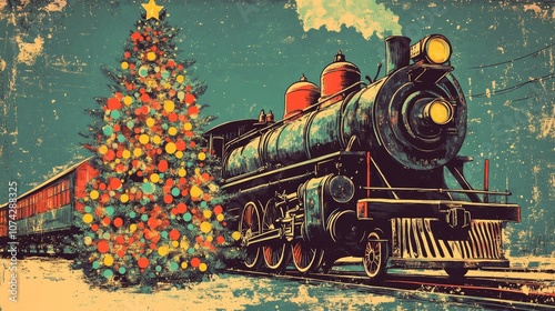 Vintage steam locomotive illustration nestled under a beautifully decorated Christmas tree with whimsical lights A scene of family fun and joy perfect for children s holiday coloring photo