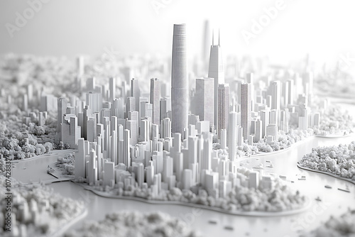 A highly detailed 3D model of a cityscape in pristine white, featuring buildings, streets, and infrastructure with intricate precision, creating a modern and minimalistic urban design without textures photo