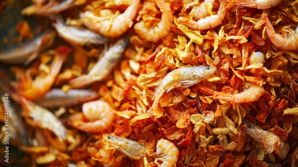 Asian dried seafood background with dried shrimp and fish,Space for add text Asian dried seafood background with dried shrimp and fish,Space for add text