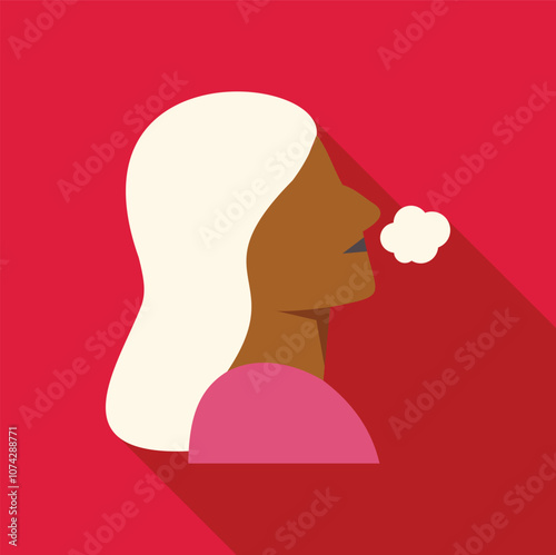 Profile of a woman smoking an electronic cigarette and exhaling vapor, in a simple flat design with long shadow