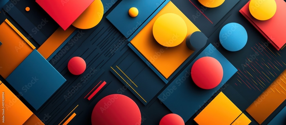 Abstract geometric pattern with red, yellow, blue and orange circles and squares on a black background.