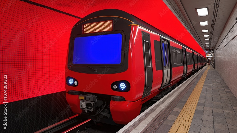Obraz premium Modern Red Train Arriving at Underground Station with Blue Lights