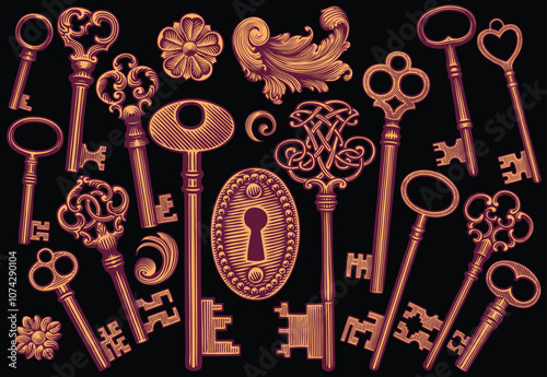 Antique keys and keyhole. Design set. Editable hand drawn illustration. Vector vintage engraving. Isolated on black background. 8 EPS