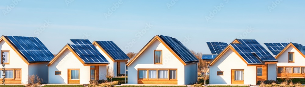 Modern homes with solar panels under a clear blue sky.