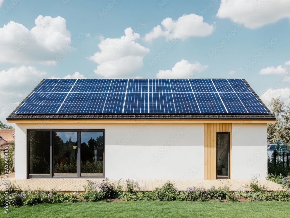 Fototapeta premium Modern house with solar panels under blue sky and white clouds.