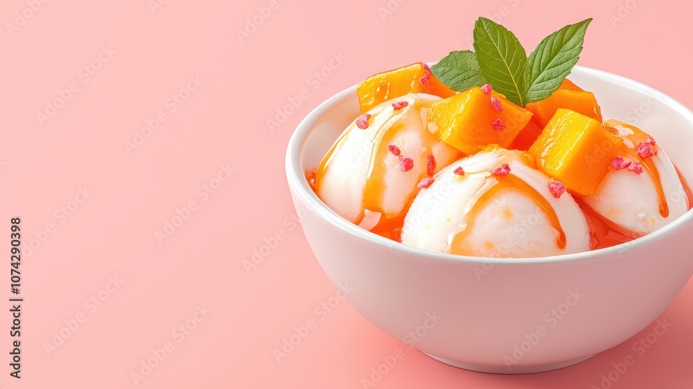 Delicious ice cream scoops topped with fresh mango, colorful sprinkles, and mint leaves in a bright bowl against a soft pink background. Delicious ice cream scoops topped with fresh mango, colorful sprinkles, and mint leaves in a bright bowl against a soft pink background.