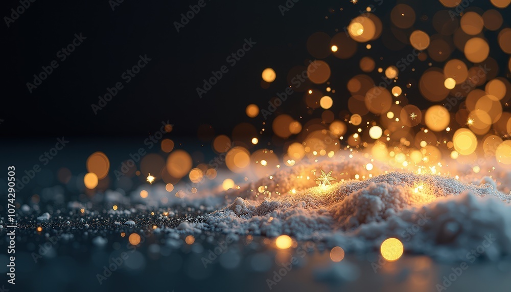 Golden snowflake particles softly falling on a dark elegant surface giving a sparkling holiday effect. Golden snowflake particles softly falling on a dark elegant surface giving a sparkling holiday effect.