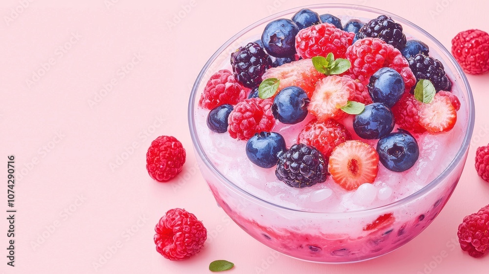 A vibrant bowl of creamy dessert topped with fresh raspberries, blueberries, and strawberries against a soft pink background. A vibrant bowl of creamy dessert topped with fresh raspberries, blueberries, and strawberries against a soft pink background.