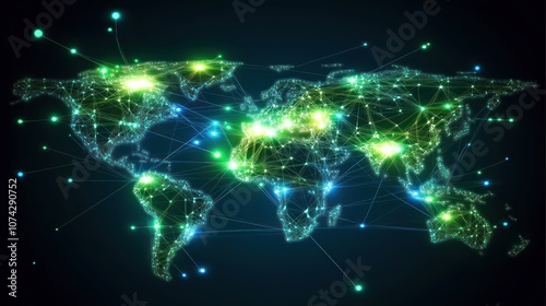 A digital world map with interconnected nodes, symbolizing global connectivity and data flow.