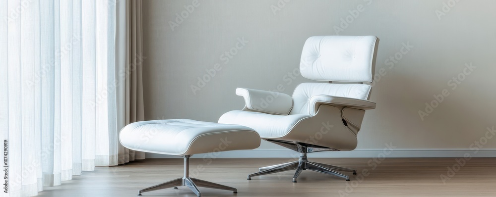 Modern lounge chair with ottoman in a minimalist interior design. Modern lounge chair with ottoman in a minimalist interior design.