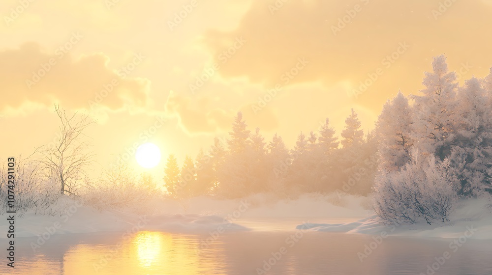 A Frosty Winter Scene with a Sunlit River and Snow-Covered Trees