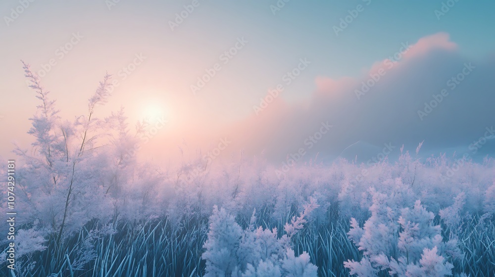 Fototapeta premium Frost-Covered Grass Field at Sunset with a Misty Sky