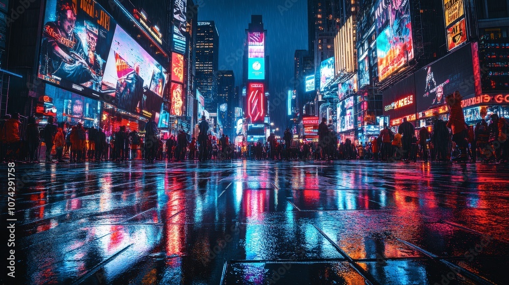 Vibrant Night Scene in Times Square with Colorful Reflections on Rain-soaked Pavement, Dynamic Energy and Crowd Amidst Bright Neon Lights in New York City Vibrant Night Scene in Times Square with Colorful Reflections on Rain-soaked Pavement, Dynamic Energy and Crowd Amidst Bright Neon Lights in New York City