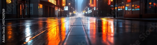 Night street scene with glowing reflections and wet pavement.