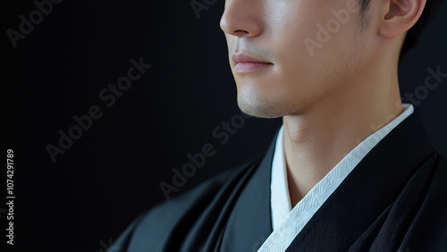 Men wearing Japanese Hakama or Kimono. Japanese coming-of-age ceremonies, weddings, New Year's, and other events. copy space, chin and chest photo