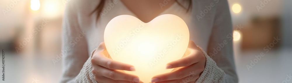 Person holding glowing heart-shaped lamp in cozy environment.