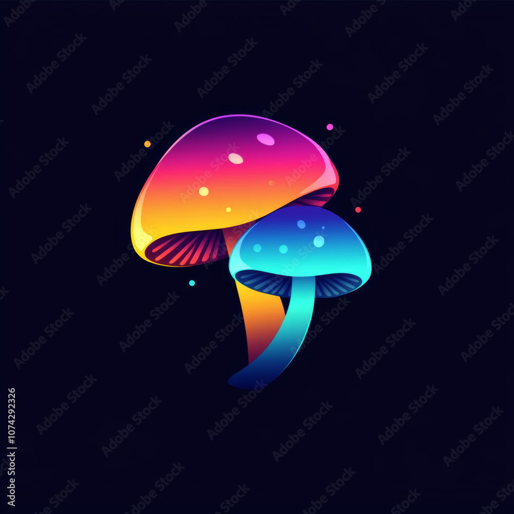Two glowing neon mushrooms with vibrant colors on a dark blue background. Two glowing neon mushrooms with vibrant colors on a dark blue background.