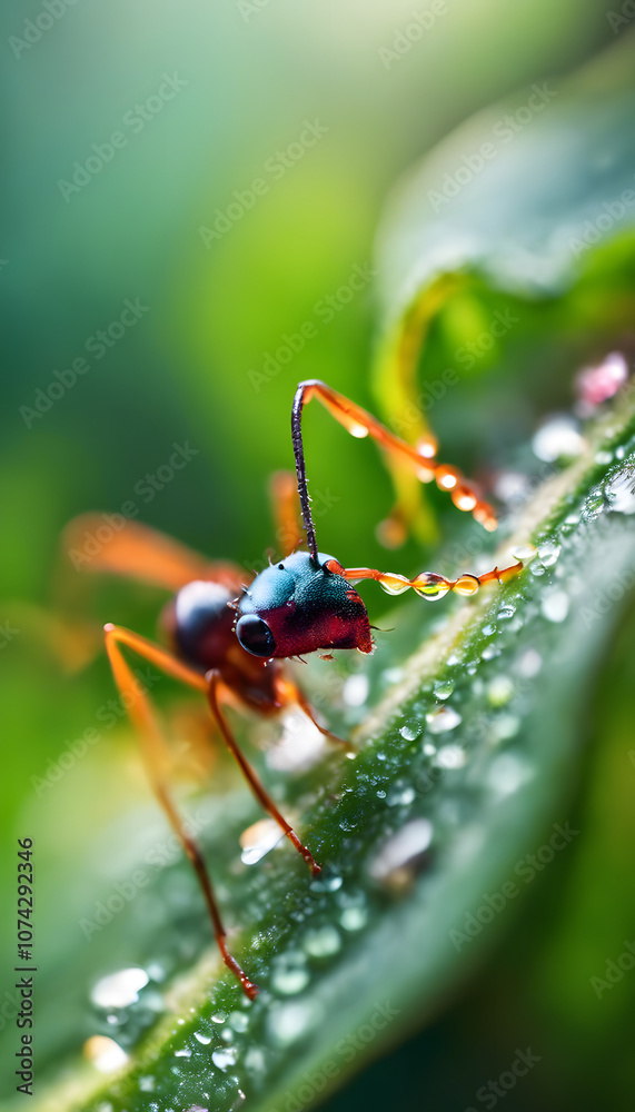 Fototapeta premium A close-up of a colorful ant with a shiny blue and orange body, covered in droplets of water, perched on a green leaf against a blurred colorful background.