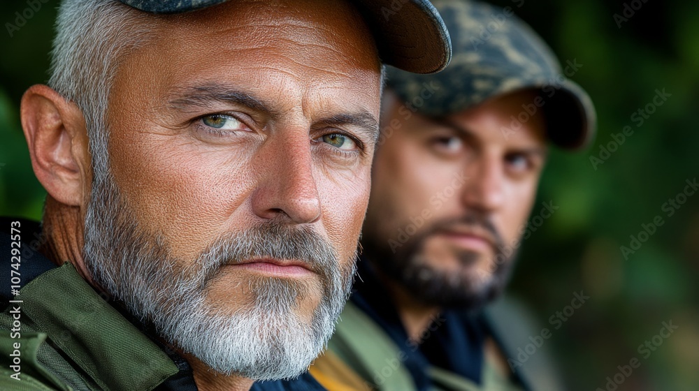 Two focused men with rugged appearances in military attire display serious expressions outdoors during a training exercise