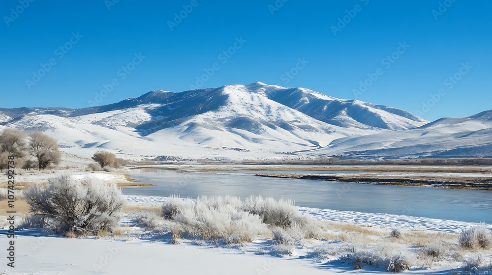 Fototapeta premium Snow-capped Mountains and Frozen River in a Winter Landscape