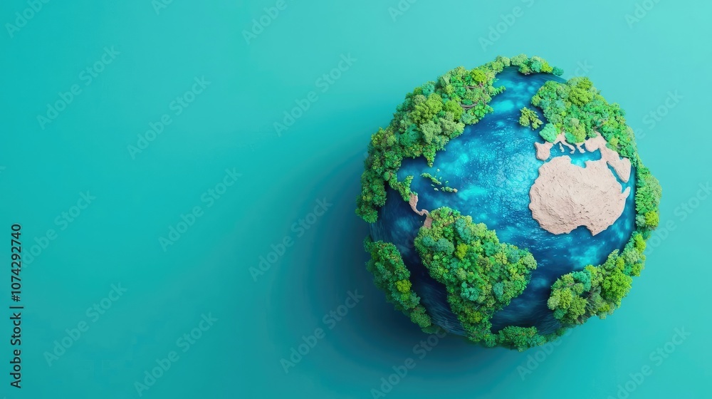 Earth globe with green trees and blue water on a turquoise background.