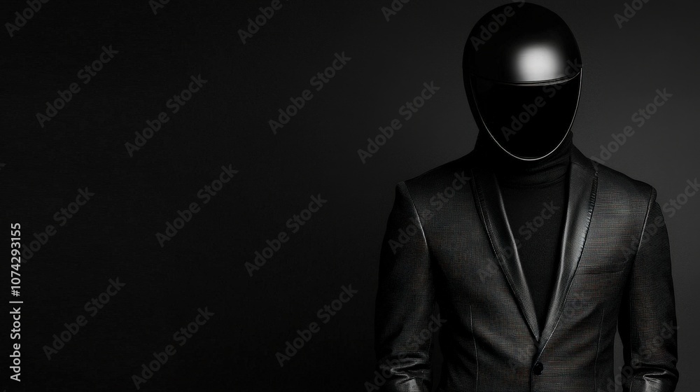 Mysterious Figure in Black Suit and Helmet Futuristic Concept Mysterious Figure in Black Suit and Helmet Futuristic Concept