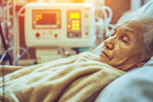 Dialysis patient resting comfortably under a blanket, connected to the machine photo