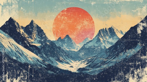 Retro illustration of a snowy valley with mountain peaks in a winter landscape Ideal setting for winter sports and recreation Misty sky adds a touch of ambiance