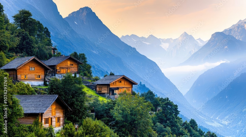 Charming wooden houses nestled in a breathtaking mountain landscape. Charming wooden houses nestled in a breathtaking mountain landscape.