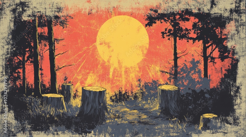 Obraz premium Retro illustration of a forest with stumps and nature reclaiming the land
