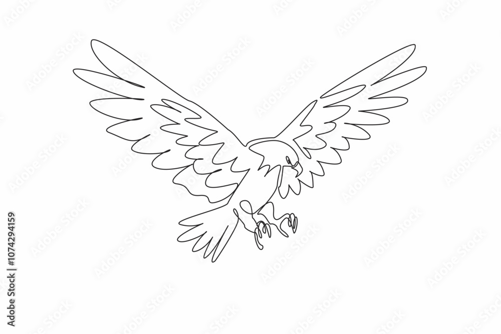 Obraz premium Single continuous line drawing of mighty brave bald eagle stretched its wide wings and ready to attack the prey target. Strong predator bird concept. National Bird Day