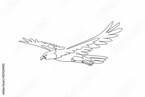 Single one line drawing of dashing bald eagle bird fly in the sky stretching its wide wings freely. Mascot of United States of America. National Bird Day. Annual international celebration event