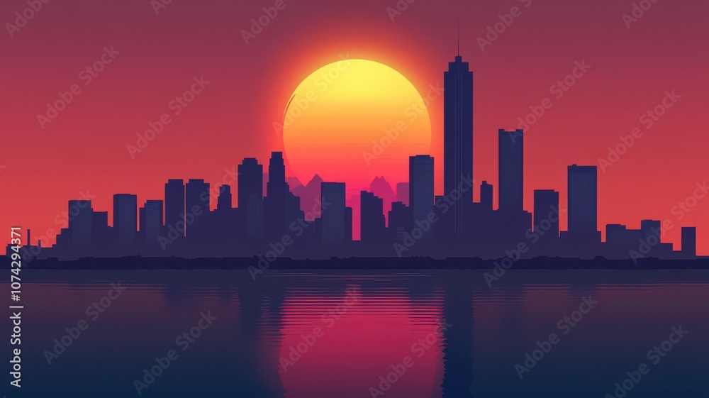 Obraz premium Silhouette of a city skyline against a vibrant sunset.