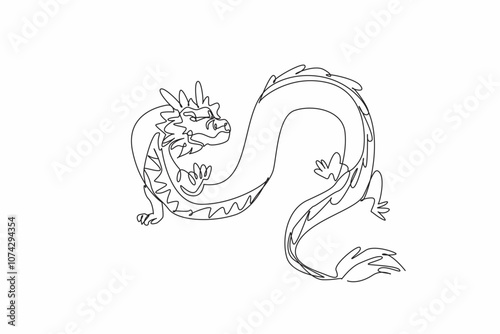 Appreciate a Dragon Day. Annual event. Continuous line drawing of twist flying giant Chinese dragon. Element for logo, poster, banner, symbol, insignia, emblem. Medieval mythology fantasy monster
