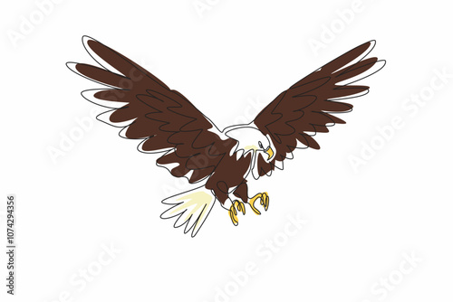 Single continuous line drawing of mighty brave bald eagle stretched its wide wings and ready to attack the prey target. Strong predator bird concept. National Bird Day