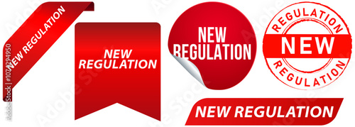 New regulations terms rules agreement service work policy stamp red badges sticker seal banner ribbon emblem peeler design icon set collection