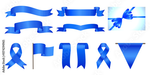 Blue award ribbon banners for text. Band for text, ribbon loop. Gift Card With Blue Ribbon And A Bow, Label Design. Blank Blue award Ribbon Collection Pack Template. Vector of various shapes