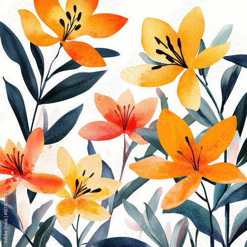 Watercolor Bright Orange Lily Garden Illustration
