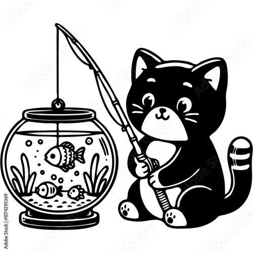 Kitten with a fishing rod sits fishing near an aquarium with domestic fish in monochrome. Simple minimalistic vector in black ink drawing on transparent background