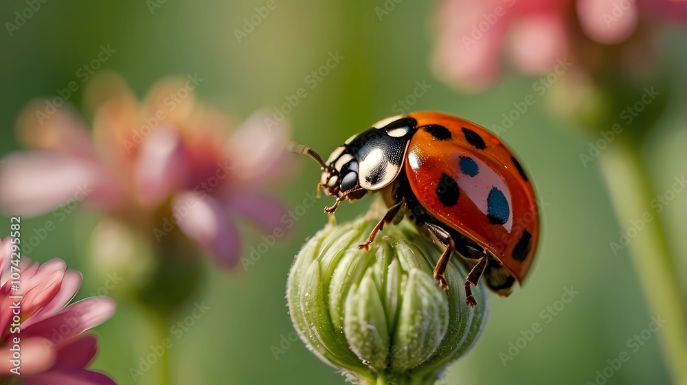 Fototapeta premium beautiful lady bug on blooming flower close up photo