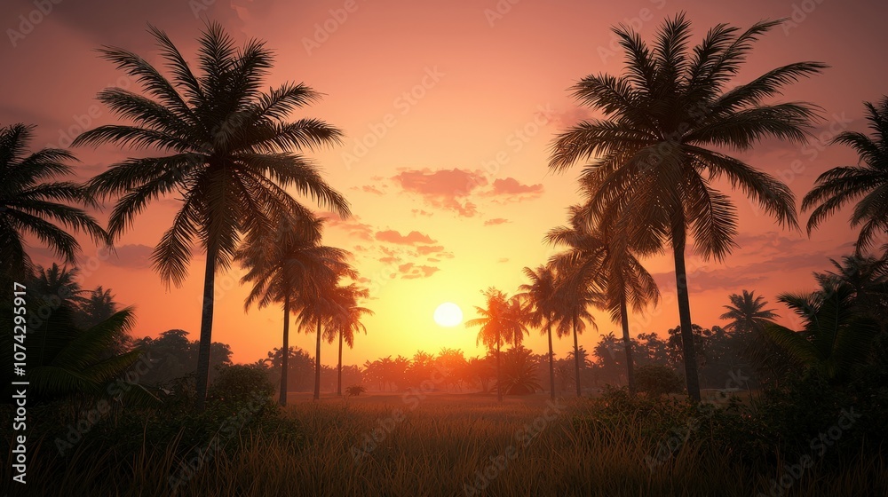 Golden Sunset Over Palm Trees on Tropical Island Golden Sunset Over Palm Trees on Tropical Island