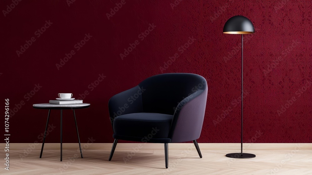 A stylish armchair paired with a sleek floor lamp against a rich burgundy wall, creating a cozy and modern living space perfect for relaxation. A stylish armchair paired with a sleek floor lamp against a rich burgundy wall, creating a cozy and modern living space perfect for relaxation.