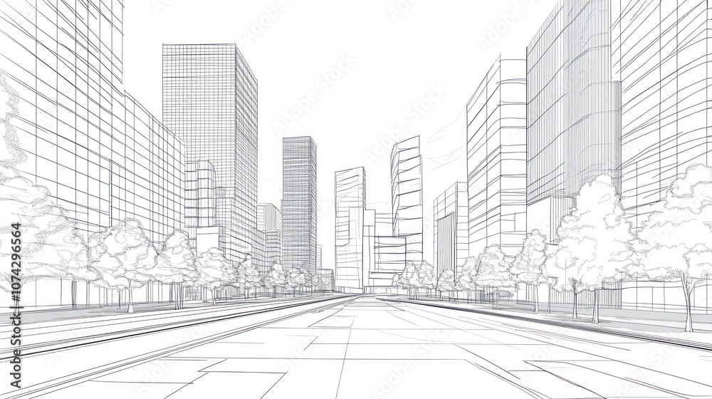 A minimalist cityscape illustration featuring skyscrapers and trees along a street. A minimalist cityscape illustration featuring skyscrapers and trees along a street.