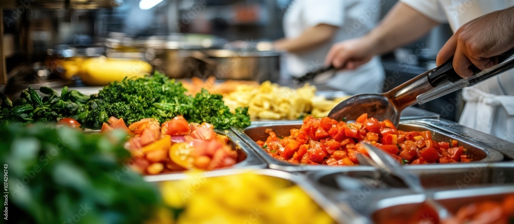 Close up of a buffet line with fresh vegetables, tomatoes, and herbs. Close up of a buffet line with fresh vegetables, tomatoes, and herbs.